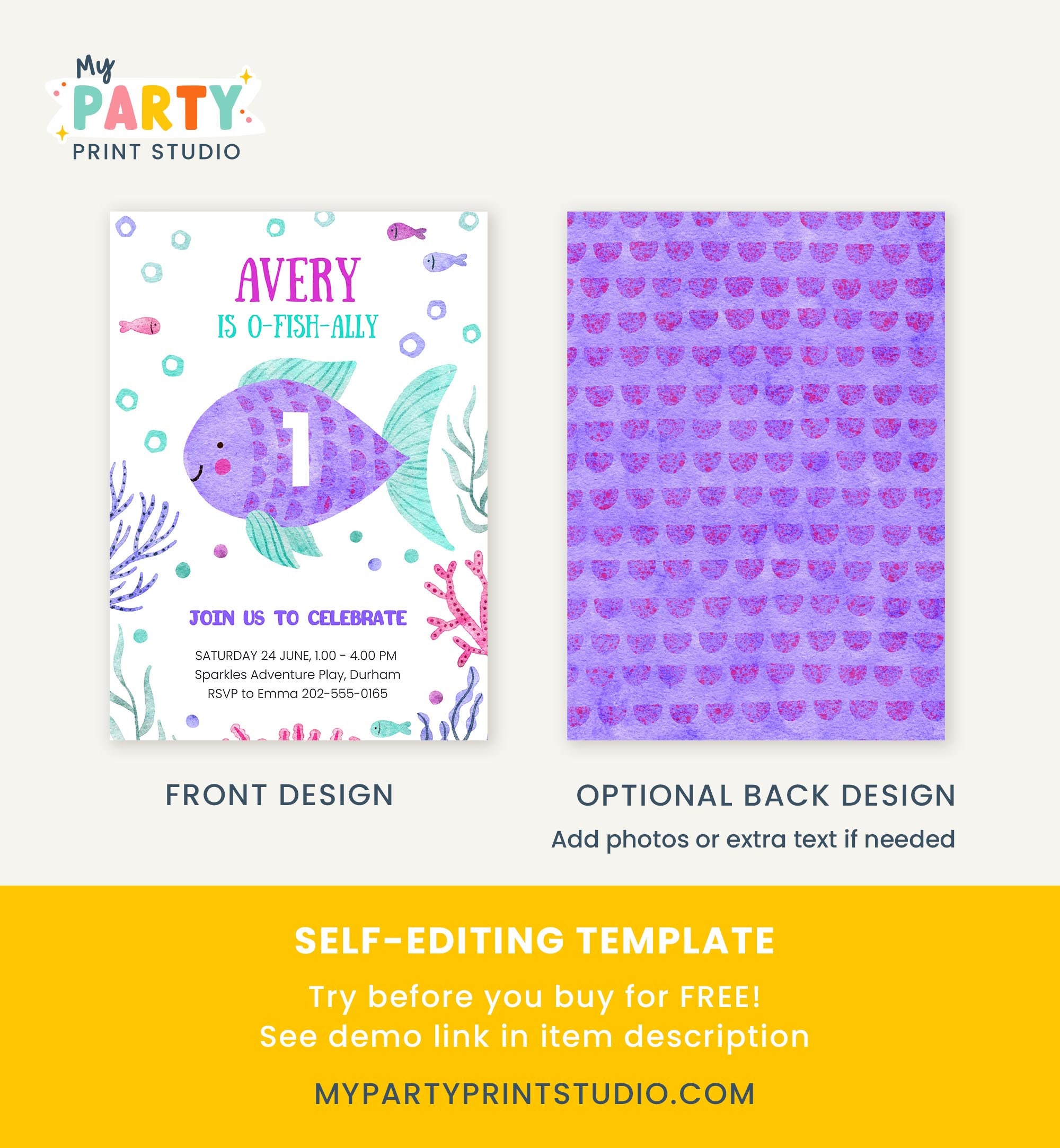 Editable Fish Birthday Invitation O-fish-ally One 1st Purple Pink Ocean ...