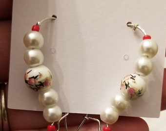 White Glass Pearl Earring with a Red Floral accent