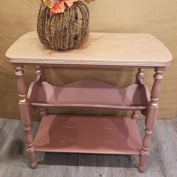 Pink Table. Vintage+Rare Wooden Small Side Table.  End Table with  Magazine Holder. Barbie Inspired Pink. Local pick up only in the GTA.