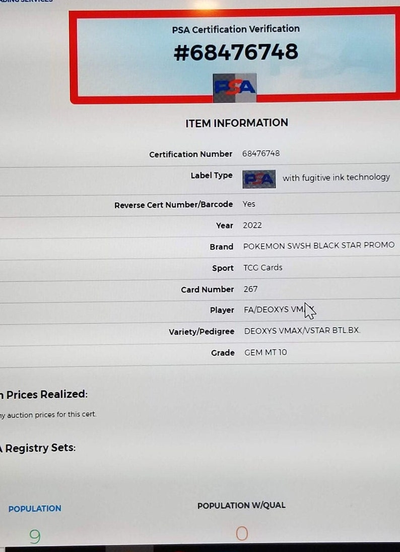 May include: A PSA graded Pokemon card, Deoxys VMAX/VSTAR, with a Gem Mint 10 grade. The card is from the Pokemon SWSH Black Star Promo set and has a certification number of 68476748. The card is labeled with fugitive ink technology.