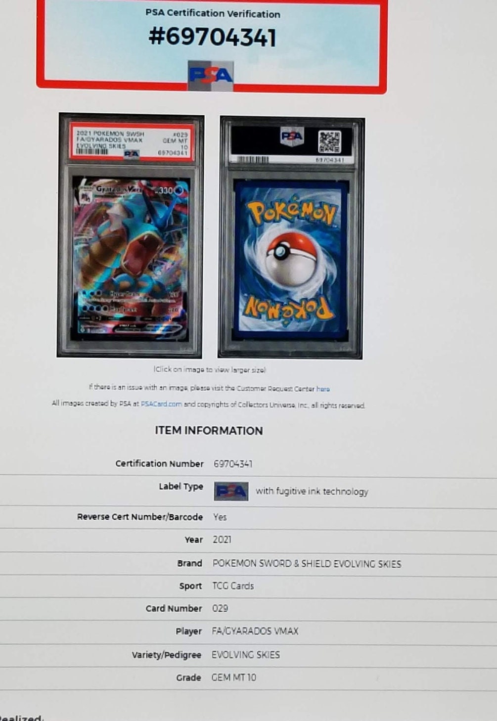 2021 Pokemon Evolving Skies Full Art Gyarados VMAX #29 - PSA