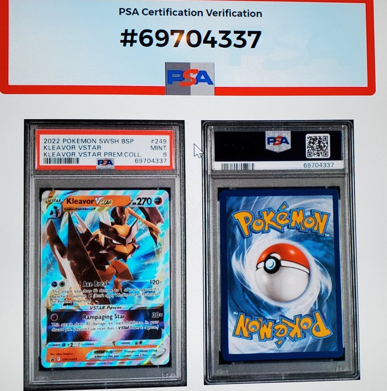 May include: PSA graded Pokemon trading card featuring Kleavor VSTAR from the Sword & Shield Brilliant Stars set. The card is in mint condition and has a grade of 9. The card is encased in a protective plastic case with a PSA label.