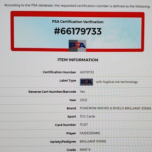 May include: PSA graded trading card for a Pokemon Sword & Shield Brilliant Stars set card featuring FA/DEDENNE. The card is graded MINT 9 and has a certification number of #66179733.
