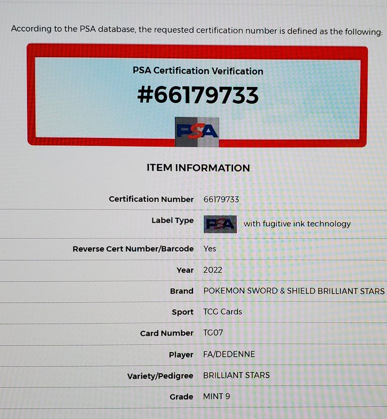 May include: PSA graded trading card for a Pokemon Sword & Shield Brilliant Stars set card featuring FA/DEDENNE. The card is graded MINT 9 and has a certification number of #66179733.