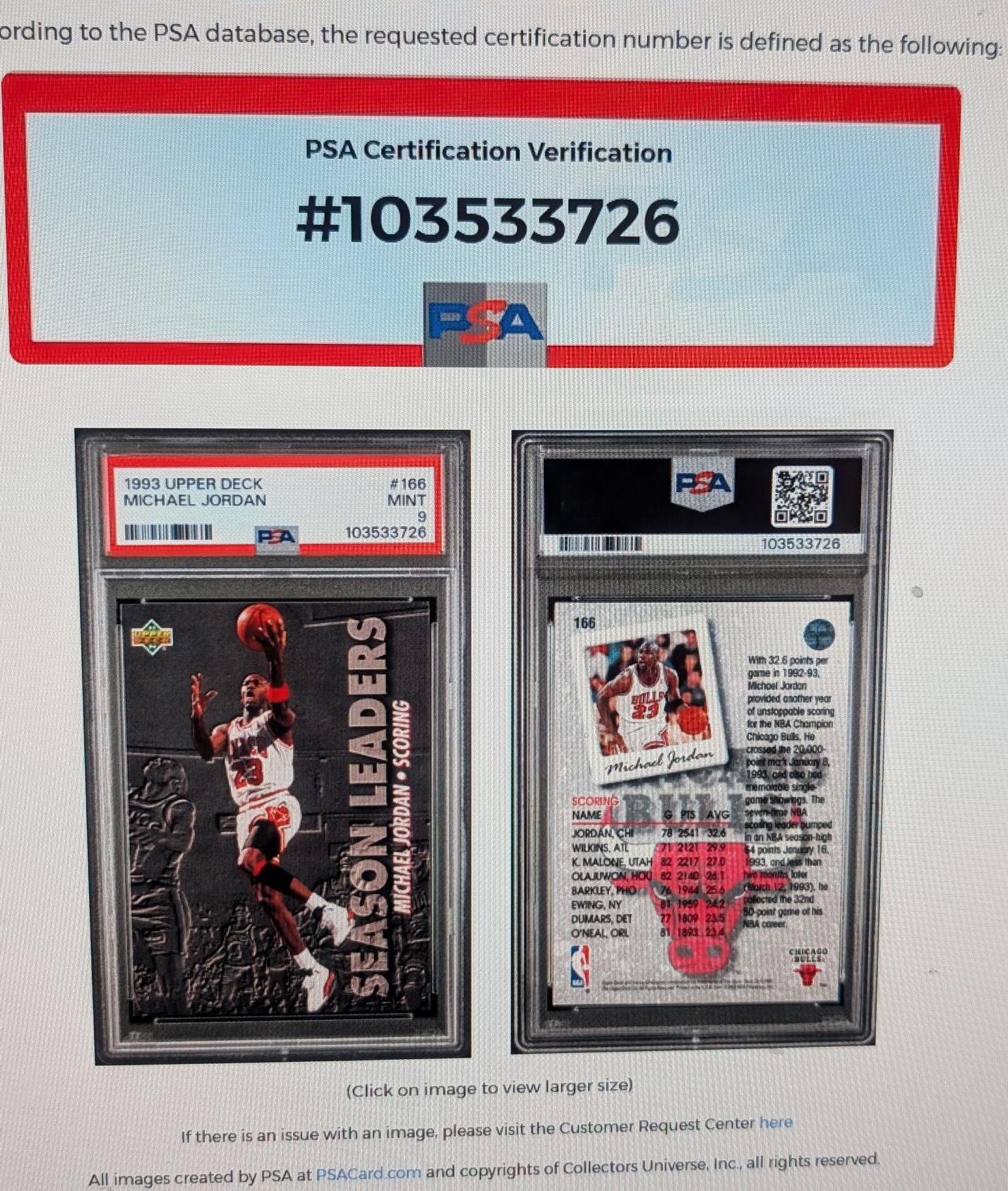 1993 Upper Deck Basketball Michael Jordan #166 PSA 9 Mint 