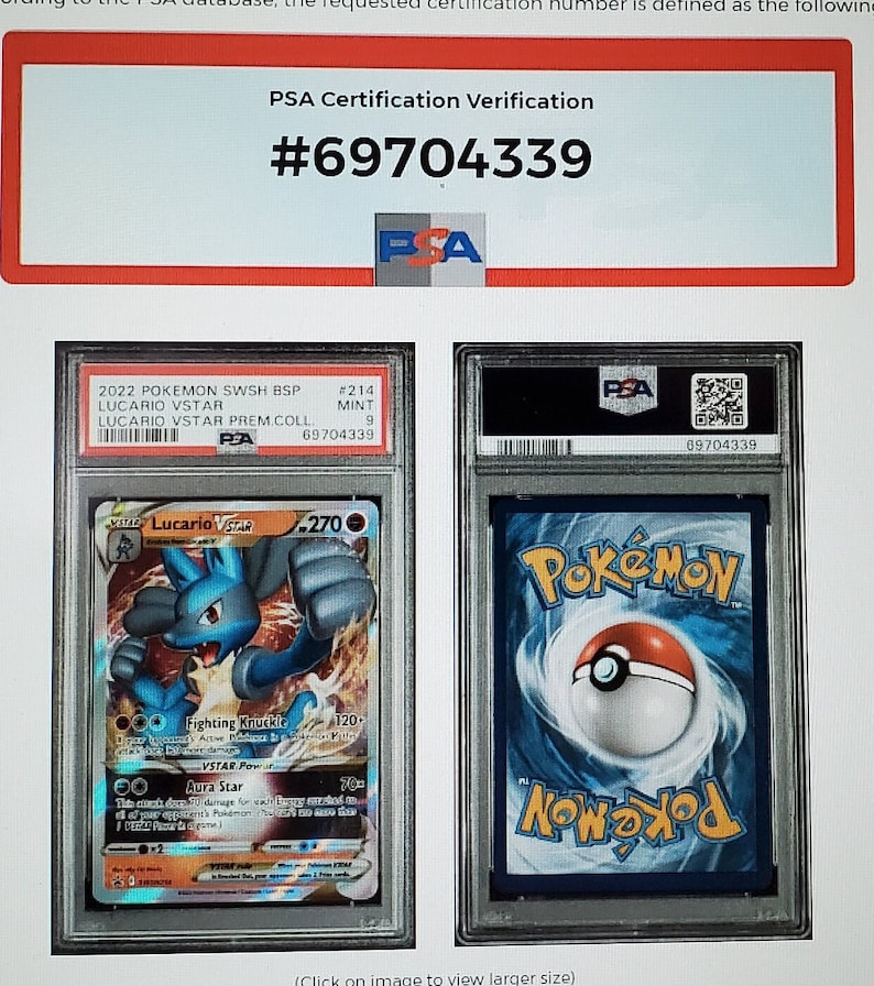 Może przedstawiać: Karta Pok&eacute;mon Lucario VSTAR z zestawu Miecz i Tarcza: Błyszczące Gwiazdy, oceniona przez PSA. Karta została oceniona na 9, w stanie Mint. Karta jest umieszczona w etui PSA z numerem #69704339.