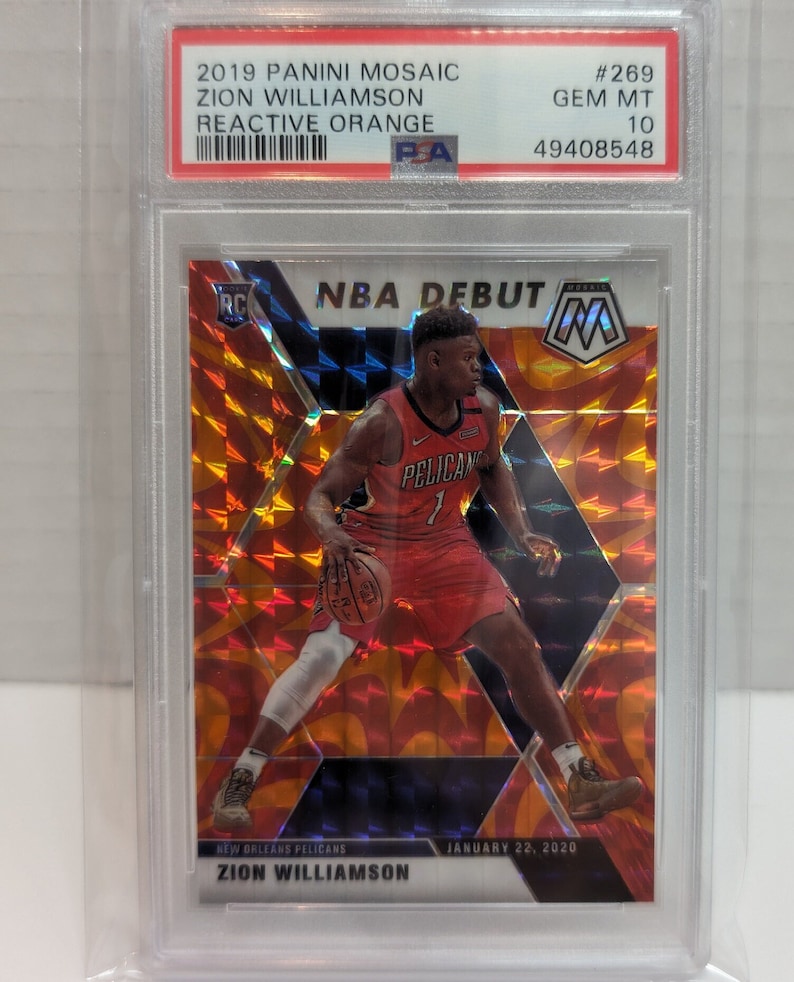 May include: A basketball trading card featuring Zion Williamson in his New Orleans Pelicans uniform. The card is a 2019 Panini Mosaic Reactive Orange card, graded Gem Mint 10 by PSA. The card has a mosaic background with a holographic finish.