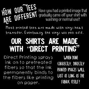 May include: Black and white text on a black background explaining how direct printing makes t-shirts last longer. The text reads: "How our tees are different. Have you had a printed image that gradually came off your shirt with washing or normal use? Most printed tees are made with vinyl heat transfer. Eventually the vinyl will peel off. Our shirts are made with "direct printing". Direct printing sprays ink on to pretreated fibers so that the ink permanently binds to the fibers like printing on paper. When done correctly, directly printed images will last as long as the fabric itself!"