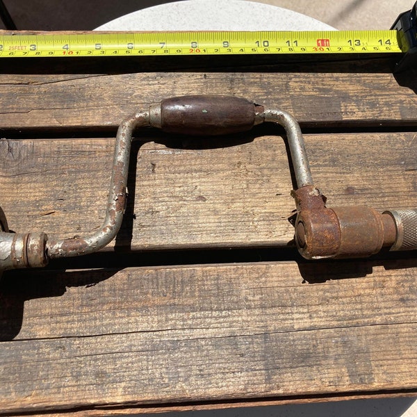 Vintage Hand Tool, Hand Crank Drill, Wood Handles, Garage Decor