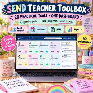 Könnte beinhalten: Ein Laptop zeigt das SEND Teacher Toolbox Dashboard mit Bereichen für Schülerakten, Fristen und Berichte. Das Bild enthält Text wie 'SEND TEACHER TOOLBOX', '20 PRACTICAL TOOLS' und 'No subscription', sowie eine Tasse und einen Notizblock.