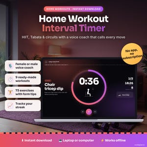 Könnte beinhalten: Ein digitaler Intervall-Timer für das Heimtraining auf einem Laptop-Bildschirm. Die Benutzeroberfläche zeigt einen Countdown, Anleitungen für Trizeps-Dips auf einem Stuhl sowie eine Liste mit Funktionen wie Sprachcoach und Trainingsstatistiken.