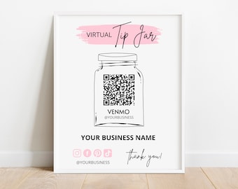 Virtual Tip Jar Sign Template, QR Code Sign Template, Venmo Payment Sign, Printable Tip Sign Template, Editable Canva Template