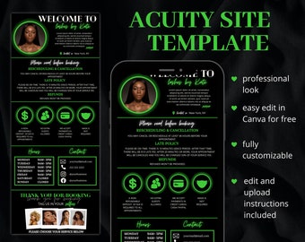 May include: A black and green mobile phone mockup with a website template for a lash business. The template features a green neon welcome sign with the text "Welcome to Lashes by Kate" and a green neon circle with a woman's face. The text "Acuity Site Template" is displayed in green neon letters at the top of the mockup. The text "Professional look", "Easy edit in Canva for free", "Fully customizable", "Edit and upload instructions included" is displayed on the right side of the mockup.