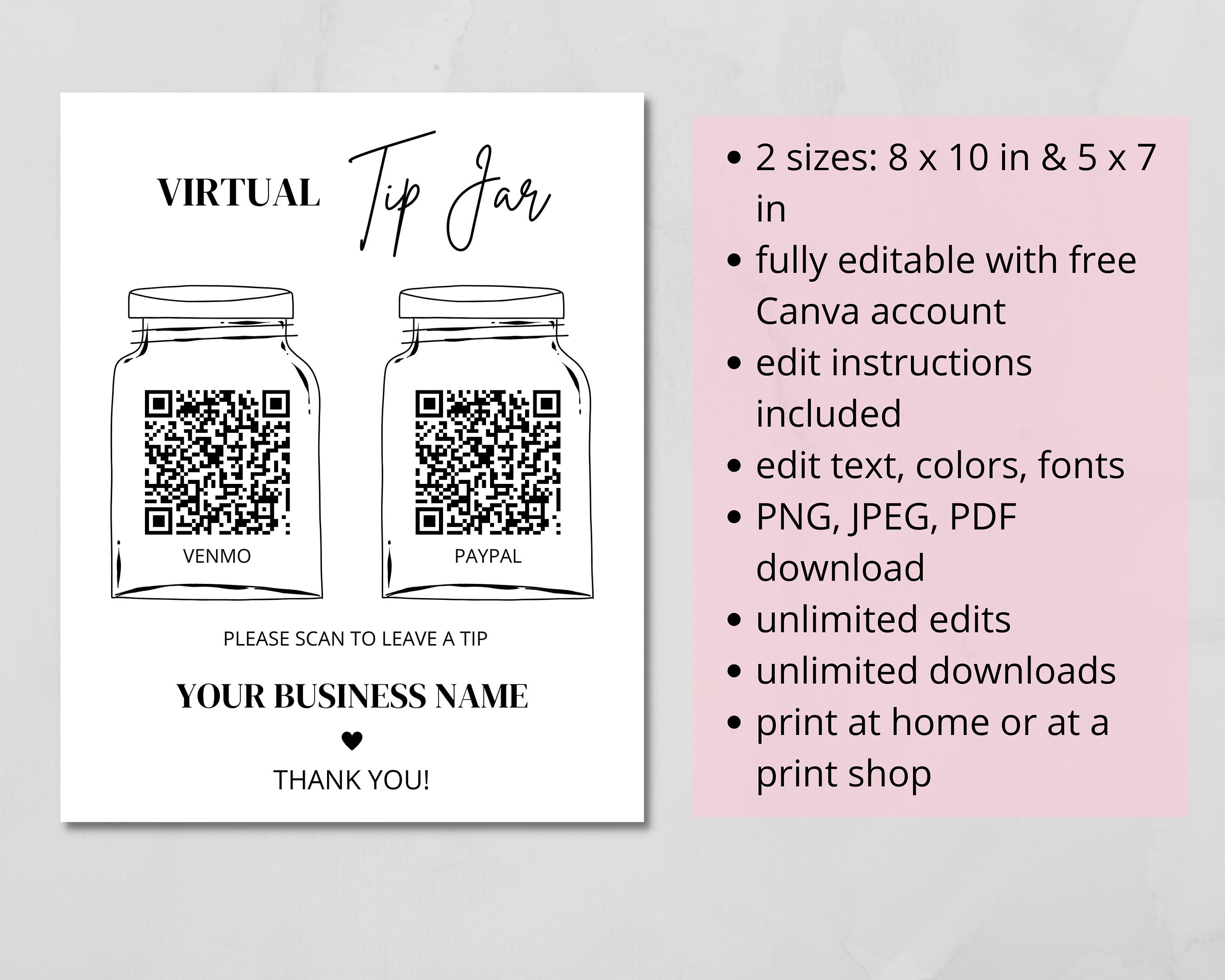 Virtual Tip Jar Sign Template, QR Code Sign Template, Venmo Payment ...