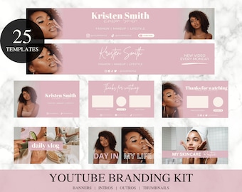 May include: A YouTube branding kit with 25 templates. The design features a pink and white color scheme with images of a woman. Text includes "Kristen Smith", "Fashion, Makeup, Lifestyle", and "New Video Every Monday". The kit includes banners, intros, outros, and thumbnails.