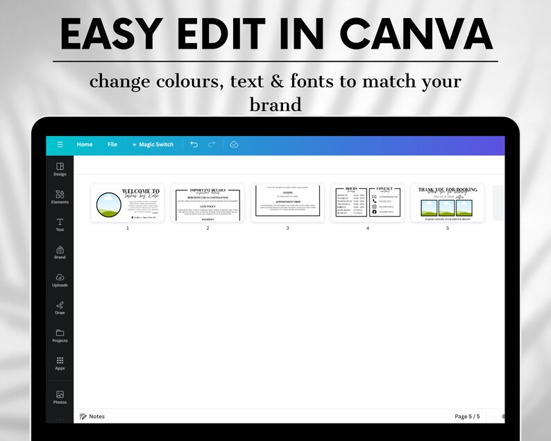 Puede incluir: Una captura de pantalla de un proyecto de dise&ntilde;o de Canva que muestra cinco p&aacute;ginas diferentes. Las p&aacute;ginas se titulan "Bienvenido a", "Detalles importantes", "Informaci&oacute;n del hu&eacute;sped", "Servicios" y "Gracias por reservar". Las p&aacute;ginas son todas blancas con texto y gr&aacute;ficos negros.