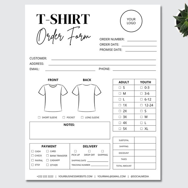 Editable T-shirt Order Form Template, Printable Small Business Order Form, Custom T Shirt Order Form, Craft Order Form, Canva Template