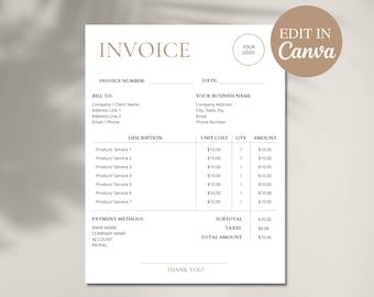 Editable Invoice Template, Printable Invoice Form, Small Business Invoice, Services Invoice Template, Client Invoice, Canva Template