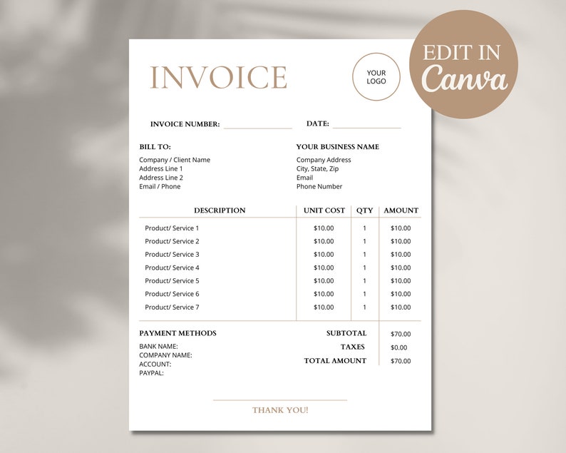 Editable Invoice Template Printable Invoice Form Small - Etsy