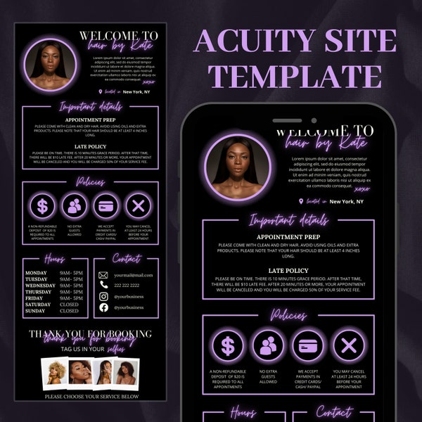 Neon Purple Hair Stylist Acuity Scheduling Template, Hair Stylist Booking Site, Hair Stylist Website, Hair Stylist Branding, Canva Template