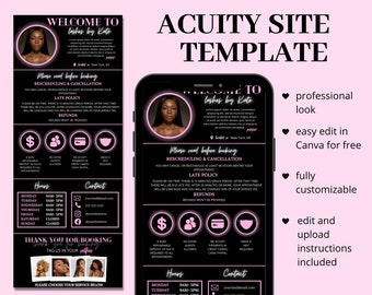 Plantilla de programación de Acuity rosa neón, plantilla de sitio de reserva de bricolaje, sitio de Acuity, diseño de Acuity, tecnología de pestañas, estilista, cera, maquillador