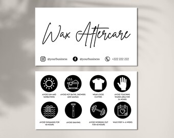 May include: Black and white business card with the text "Wax Aftercare" and icons for aftercare instructions. The icons include a sun, a bathtub, a t-shirt, a hand, a pool, a razor, a dumbbell, and a calendar.
