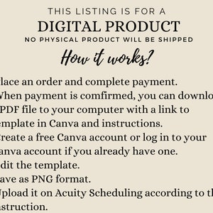 Puede incluir: Una lista de productos digitales con instrucciones sobre c&oacute;mo descargar un archivo PDF que contiene una plantilla de Canva e instrucciones. Las instrucciones incluyen crear una cuenta gratuita de Canva, editar la plantilla, guardarla en formato PNG y subirla a Acuity Scheduling.