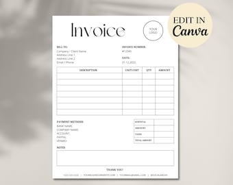 Minimalist Invoice Template, Editable Invoice Form, Small Business Invoice, Services Invoice Template, Client Invoice, Canva Template