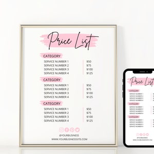 Printable & Electronic Price List Template, Salon Price List, Price Sheet, Editable Pricing Guide, Business Price List, Canva Template