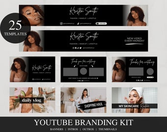 Kit de marca de Youtube, banner de Youtube editable, introducción, salida, pantalla final, pizarra final, miniatura de vídeo de Youtube, diseño de canal de Youtube DIY Canva