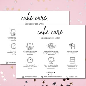 ミニマリスト ケーキ ケア カード テンプレート、ケーキ ケア手順、編集可能な印刷可能なケーキ ケア カード、ウェディング ケーキ ケア ガイド、ケーキ ビジネス カード