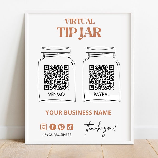 Virtual Tip Jar Sign Template, QR Code Sign Template, Venmo Payment Sign, Printable Tip Sign Template, Editable Canva Template