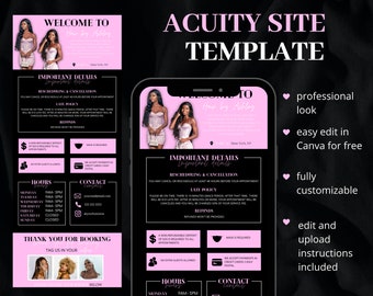 May include: A pink and black template for an Acuity scheduling website. The template features a welcome message, important details, hours of operation, contact information, and a thank you message. The template is customizable and easy to edit in Canva.