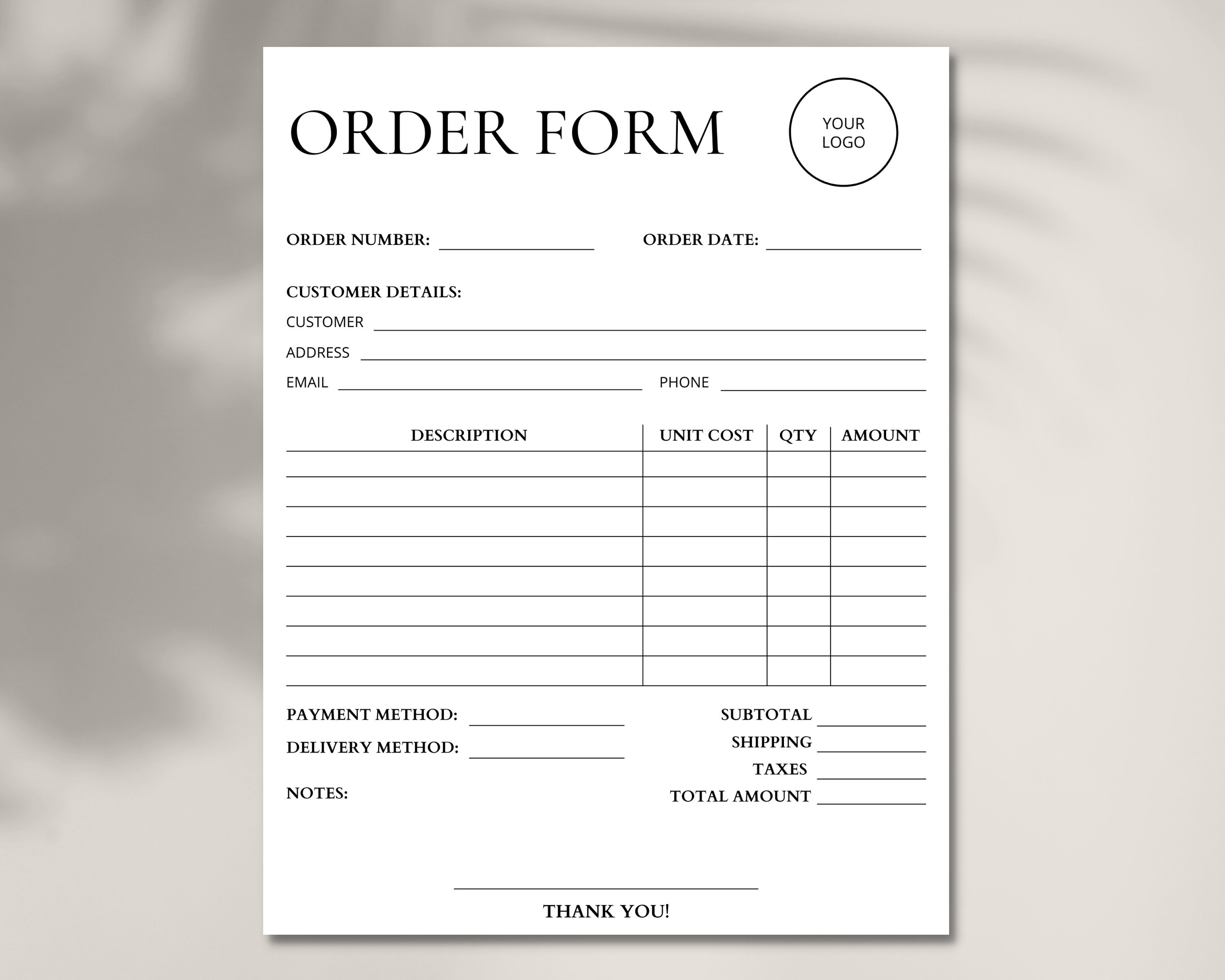 Minimalist Order Form Template, Editable Small Business Order Form ...