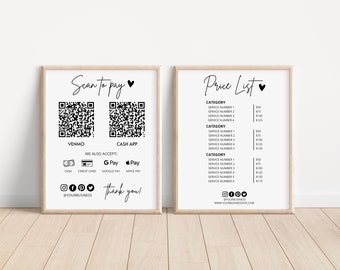 Payment Sign & Price List Template Bundle, QR Code Sign Template, Printable Scan To Pay Sign, Pricing Guide, Price Sheet, Social Media Sign
