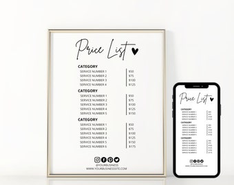 May include: A black and white price list with a heart symbol. The list is divided into categories with service numbers and prices. The list is displayed on a white background with a gold frame. The list is also displayed on a black smartphone.