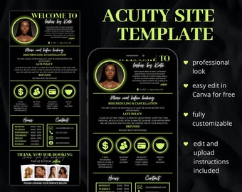 May include: A black and green mobile phone mockup with a neon green welcome message for a lash business called "Lashes by Kate". The phone screen displays a booking and cancellation policy, hours of operation, and contact information. The text "Acuity Site Template" is displayed in neon green at the top of the image.