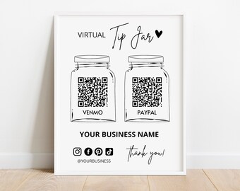 Virtual Tip Jar Sign Template, QR Code Sign Template, Venmo Payment Sign, Printable Tip Sign Template, Editable Canva Template