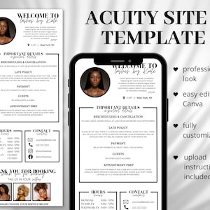 May include: A black and white template for an Acuity scheduling website. The template features a professional look with a black and white color scheme. The template is fully customizable and includes instructions for uploading to Canva. The text on the template reads "Acuity Site Template", "Welcome to Lashes by Kate", "Important Details", "Rescheduling & Cancellation", "Late Policy", "Payment", "Guests", "Appointment Prep", "Hours", "Contact", "Thank You for Booking", "Tag us in your selfies", and "Please choose your service below".