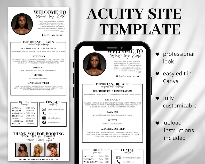 Puede incluir: Una plantilla en blanco y negro para un sitio web de programaci&oacute;n de Acuity. La plantilla presenta un aspecto profesional con un esquema de color blanco y negro. La plantilla es totalmente personalizable e incluye instrucciones para cargarla en Canva. El texto de la plantilla dice "Plantilla de sitio web de Acuity", "Bienvenido a Lashes by Kate", "Detalles importantes", "Reprogramaci&oacute;n y cancelaci&oacute;n", "Pol&iacute;tica de retraso", "Pago", "Invitados", "Preparaci&oacute;n para la cita", "Horarios", "Contacto", "Gracias por reservar", "Etiqueta en tus selfies" y "Por favor, elige tu servicio a continuaci&oacute;n".