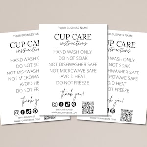 Editable Cup Care Card Template, Printable QR Code Tumbler Care Instructions Card, Mug Care Card, Tumbler Packaging Inserts, Canva Template