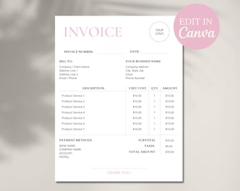 Editable Invoice Template, Printable Invoice Form, Small Business Invoice, Services Invoice Template, Client Invoice, Canva Template