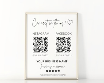 Editable Connect With Us Template, Social Media QR Code Sign Template, Connect With Us QR Code, Social Media Sign, Instagram, Facebook