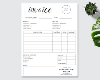 Editable Invoice Template, Printable Invoice Form, Small Business Invoice, Services Invoice Template, Client Invoice, Canva Template