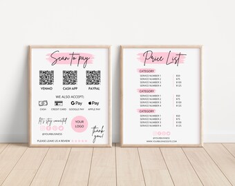 Payment Sign & Price List Template Bundle, QR Code Sign Template, Printable Scan To Pay Sign, Pricing Guide, Price Sheet, Social Media Sign