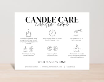May include: Black and white candle care instructions with icons.  To prevent tunneling, allow enough time for wax to melt completely to the edges of the container. Avoid burning candle for longer than 3-4 hours at a time. Trim the wick to 1/4 inch before each use. Never leave a burning candle unattended. Keep away from children and pets. Place candle on a stable surface away from flammable objects before lighting.  @YOURSOCIALMEDIA | WWW.YOURBUSINESSSITE.COM +222 222 2222