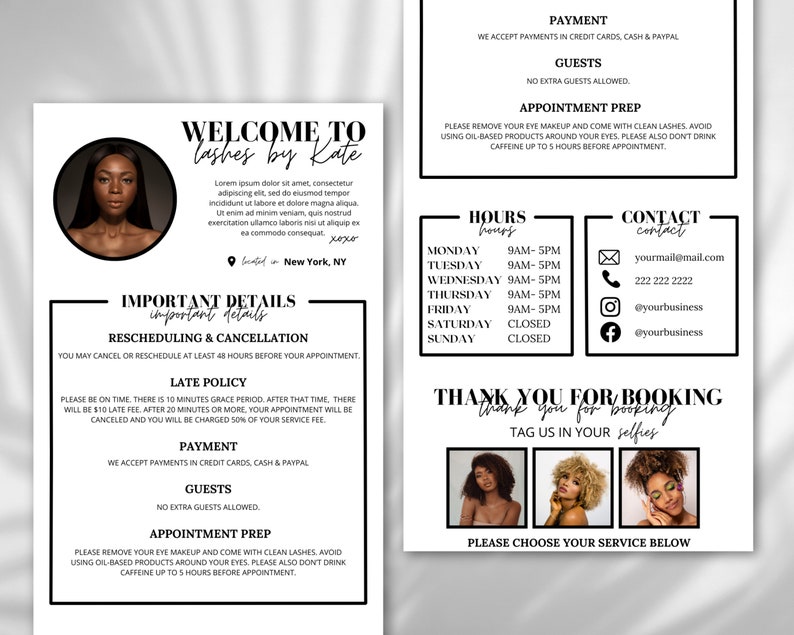 Puede incluir: Un folleto en blanco y negro con el texto "Bienvenido a Lashes by Kate" y una foto de una mujer de piel oscura. El folleto incluye informaci&oacute;n sobre reprogramaci&oacute;n, cancelaci&oacute;n, pol&iacute;tica de retraso, pago, invitados, preparaci&oacute;n para la cita, horarios y datos de contacto. El folleto tambi&eacute;n incluye el texto "Gracias por reservar. Etiqueta nuestras selfies." y una foto de tres mujeres con diferentes looks de maquillaje. El folleto termina con el texto "Por favor, elige tu servicio a continuaci&oacute;n."