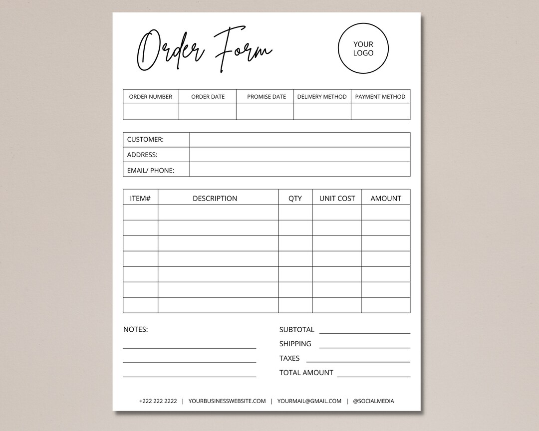 Editable Order Form Template, Printable Small Business Order Form ...
