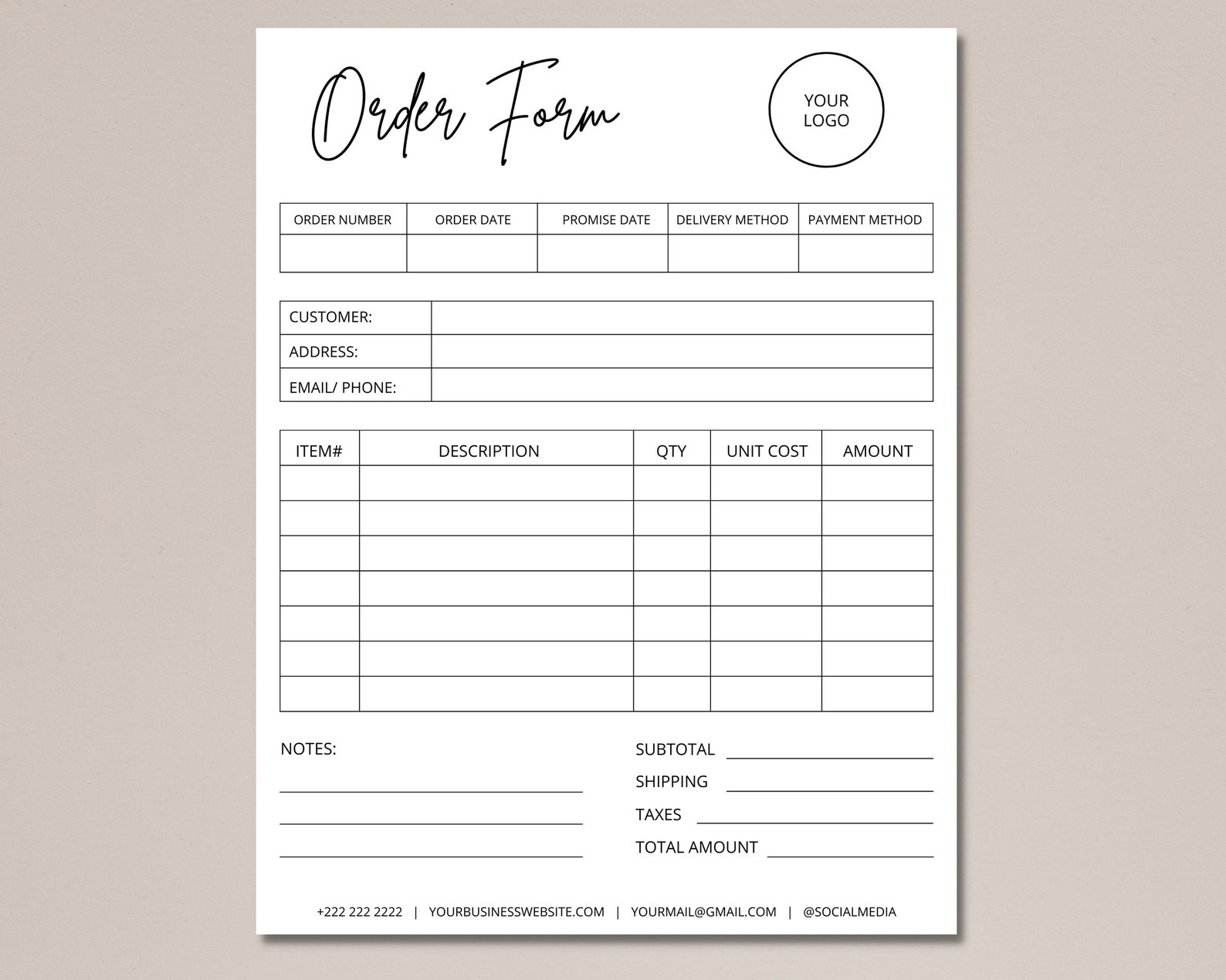 Editable Order Form Template, Printable Small Business Order Form ...