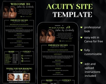 May include: A black and green mobile phone mockup with a green and white text overlay that reads "Acuity Site Template". The phone screen displays a black and green business card template for a lash technician. The business card features a photo of a woman with long black hair, the text "Welcome to Lashes by Kimberly", and a list of services and contact information. The text overlay on the phone mockup highlights the features of the template, such as a professional look, easy editing in Canva, and full customization.